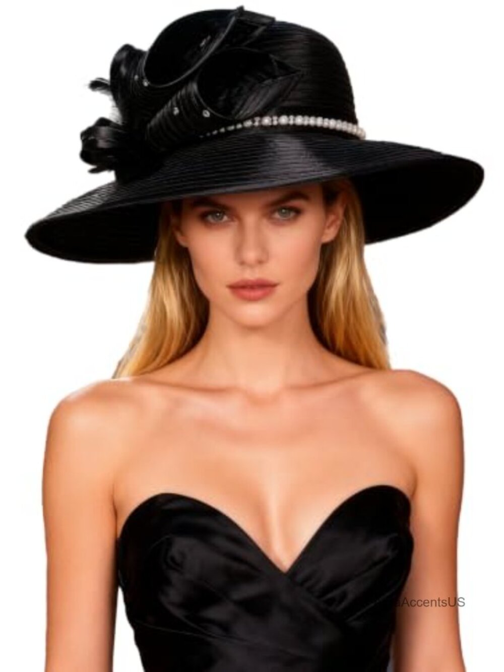 Wide Brim Fedora Sun Hat Feather Accent Adjustable Formal Church Party